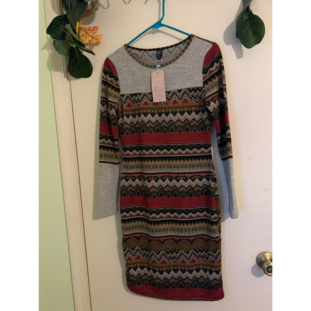 Multicolor Patterned Midi Sweater Dress with Gray Sleeves